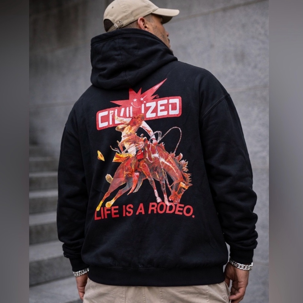 Civilized pullover Hoodie Life Is A Rodeo Graphic men's size large‎ Raw edge hem